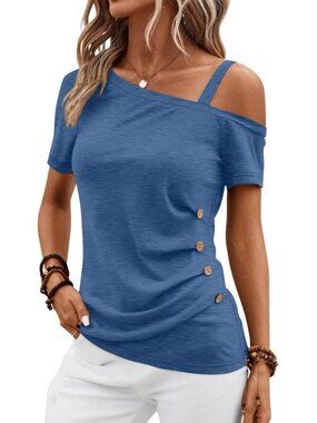 👑 Womens Blue Short Sleeve Off Shoulder Asymmetrical Button Ruched Blouses Tops
